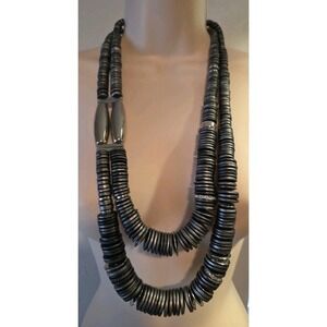 Chicos Amiya Long Necklace Stacked Metallic‎ Discs with Silver Accents